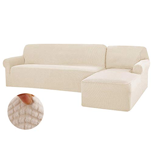 ODOMY Funda Elástica para Sofá Chaise Longue Tunez,Brazo Iargo, Tamaño Desde 190 a 230 cm, Color Liso(Mirándolo de Frente) (Beige, 3 Plazas+3 Plazas)