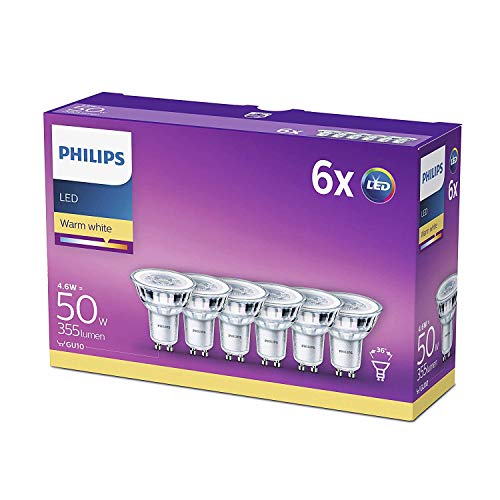 Philips GU10 LED - Bombillas Cristal, 4.6 W Equivalentes a 50 W en Incandescencia, 355 Lúmenes, Luz Blanca Cálida, pack de 6 Philips GU10 LED - Bombillas Cristal, 4.6 W Equivalentes a 50 W en Incandescencia, 355 Lúmenes, Luz Blanca Cálida, pack de 6