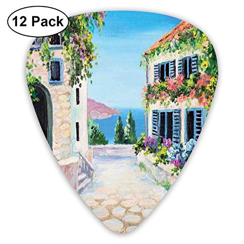 Púas de guitarra: paquete de 12, casas griegas en un antiguo pueblo mar con plantas coloridas alrededor de obras de arte, para guitarra acústica eléctrica baja