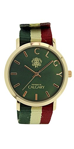 Relojes Calgary New Mazzini colección Peace & Love. Reloj vintage para mujer, correa de tela en rallas verdes, beig y rojo. Esfera verde y dorado