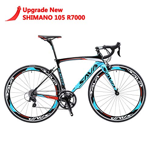 Sava Bicicleta de Carretera de Carbono, Bicicleta de Carretera Warwinds5.0 700C de Fibra de Carbono con Sistema de Cambio Shimano 105 R7000 22-Velocidad, neumáticos Michelin 25C y Freno (Azul, 54cm)