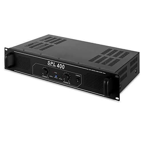 Skytec SPL400 Amplificador PA - Potencia: 2 x 200 W , Impedancia: 4 Ohm , Iluminación LED Azul , Apto Montaje en Rack de 19" , 2 Unidades Rack , Asas de Transporte , Carcasa Robusta , Negro