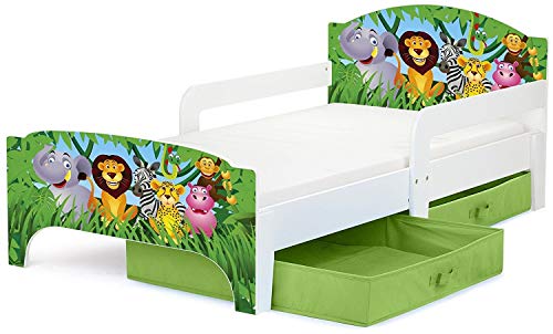 Smart Cama Infantil de Madera 140/70 Cama Para Niños Marco de Cama Colchón y Cajón Cómodo Alta Validad Vuarto de Niños Muebles Para Niños Dormitorio Impresa