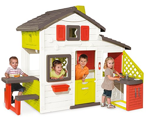 Smoby-810200 Casa Friends House con Cocina Exterior, Color Verde/Gris/Rojo/Blanco, 217 x 155 x 172 cm (810200)