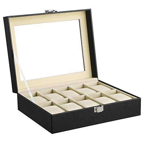 SONGMICS Caja de Relojes con 10 Compartimientos, Estuche de Madera para Relojes, Tapa de Vidrio, Almohadillas Extraíbles, Forro de Terciopelo, Cierre de Metal, Piel Sintética, Beige JWB010