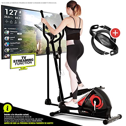 Sportstech CX608 Bicicleta Elíptica - Marca de Calidad Alemana - Video Eventos y App multijugador - Consola Compatible con Bluetooth, Pulsómetro Incluido, Soporte para Tablet, Crosstrainer eliptica