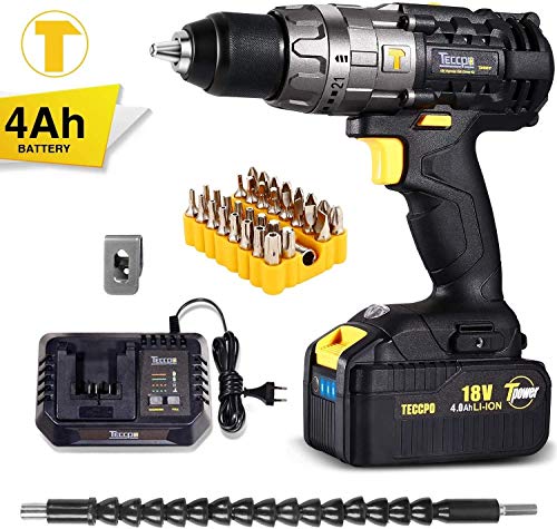 Taladro Atornillador 60Nm, TECCPO 4.0Ah Batería Taladro con Percusión, 33pcs Accesorios, Cargador Rápido, 2 Velocidades, 13mm Mandril, 21+3 Ajuste de Par, Percutor Concreto Taladro Atornillador 60Nm, TECCPO 4.0Ah Batería Taladro con Percusión, 33pcs Accesorios, Cargador Rápido, 2 Velocidades, 13mm Mandril, 21+3 Ajuste de Par, Percutor Concreto