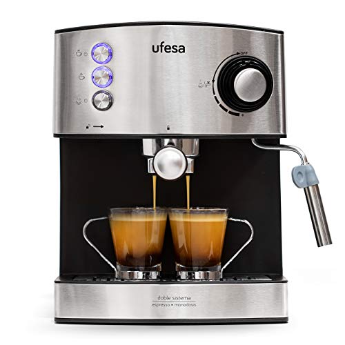 Ufesa CE7240-Cafetera Espresso, 850W, Depósito extraíble de 1,6 l, 20 Bares, Doble opción de preparación de café: Sist Cafetera, Acero Inoxidable, Negro/Plata