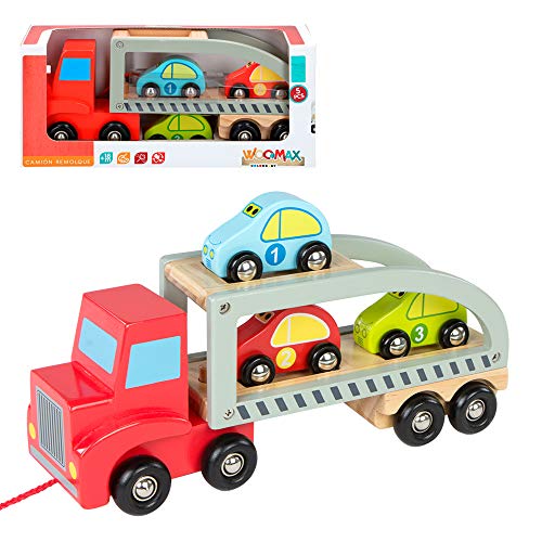 WOOMAX- Camión Remolque 3 Coches de Madera (Colorbaby 43619)