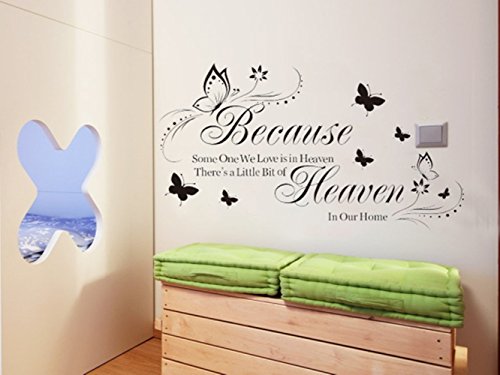 Adhesivo decorativo para pared con cita de mariposa clásica y flor Beacuse Some We Love is in Heaven Home Decor, vinilo, 13x32 inch Adhesivo decorativo para pared con cita de mariposa clásica y flor Beacuse Some We Love is in Heaven Home Decor, vinilo, 13x32 inch