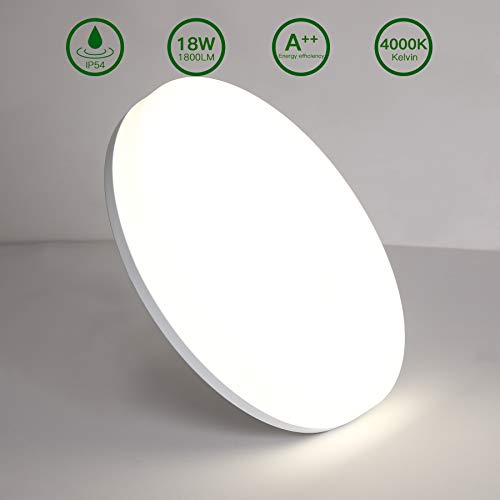 Aogled LED Lámpara de Techo 18W 1800LM 4000K Blanco Natural Plafón de Techo Redondo 22 cm,No-Regulable Luz de Techo Permeable IP54,180 Ángulo LED Plafón Para Dormitorio Baño Cocina Pasillo Comedor