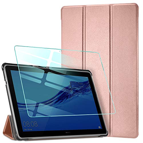 AROYI Funda para Huawei MediaPad T5 10 + Protector Pantalla, Carcasa Silicona Smart Cover Case con Soporte Función para Huawei MediaPad T5 10 10,1 2018 - Oro Rosa