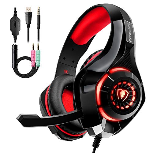Auriculares Gaming Premium Stereo con Microfono para PS4 PC Xbox One, Cascos Gaming con Bass Surround Cancelacion ruido, Diadema Acolchada y Ajustable, Microfono Unidireccional (Tiene un adaptador) …