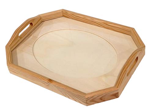 Bandeja cristal para labores. Octogonal. En madera en crudo, se puede pintar.Medida exterior (ancho/fondo/alto): 43 * 33 * 7 cms. Medida interior passepartout 33 * 23 cms.