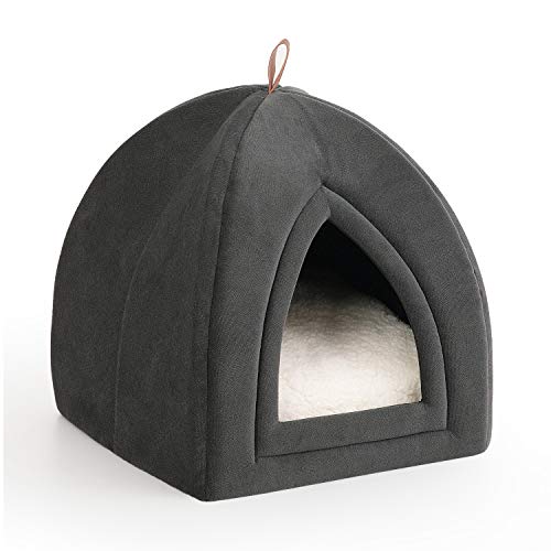 Bedsure Cama/Cueva Gato con Cojín Desenfundable Lavable - Casa para Gatos Antideslizante - Camas para Perros Pequeños 35x35x38cm,Gris Oscuro