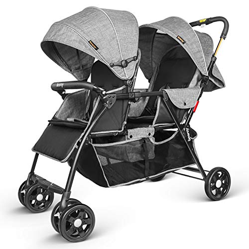 Besrey Silla de paseo gemelar plegable, carrito gemelos doble, silla Carrito gemelar, ligera y compacta con Barrera