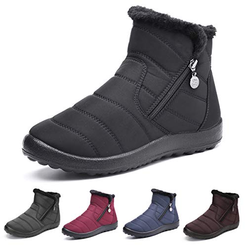 Botas de Nieve para Mujer Niñas,Camfosy Botines de Invierno Impermeables Zapatos Planos Tacón Plano Ciudad Botas Piel Interior cálida Cómoda Negro Azul Rojo 2019
