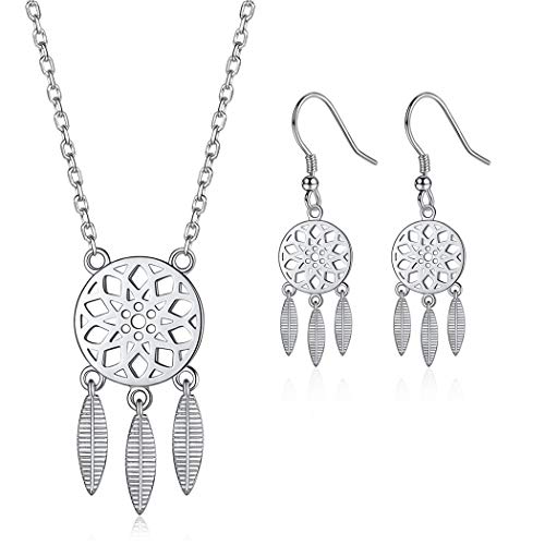 ChicSilver Cazador de Sueño con Plumas de Pavo Estilo Bohemio Set Conjunto de Joyerías con Precio Económico Diseño Cazador Malla de Sueños Fantasía Plata de Ley 925 Colgantes Plumas de Pavo