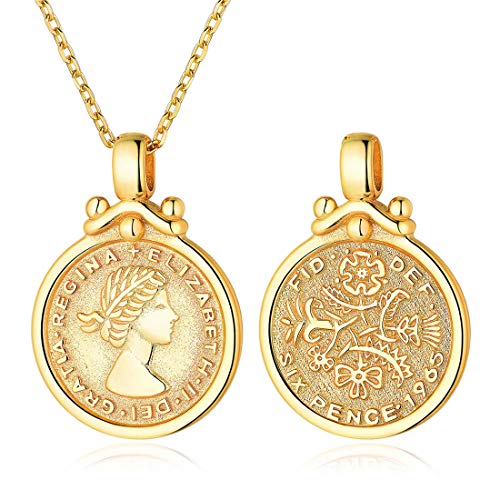 ChicSilver Moneda Redonda Letras Imagenes Grabados Oro Amarillo 18K Plata 925 Famosa Reina Elizabeth Isabel Inglaterra Collar Fina Elegante