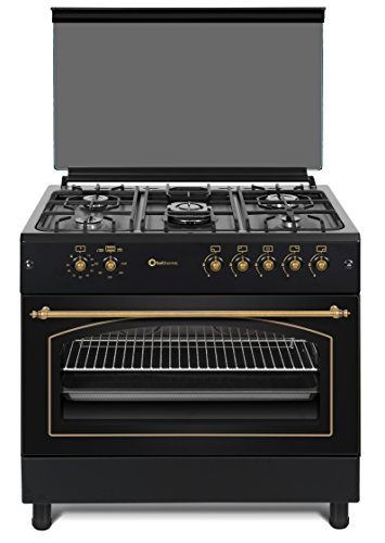 Cocina SolThermic F9L50G2-N PANORÁMICA de color Color Negro Rústico con Tiradores, mandos y ribetes dorados compuesta por 5 Quemadores y Horno panoramico