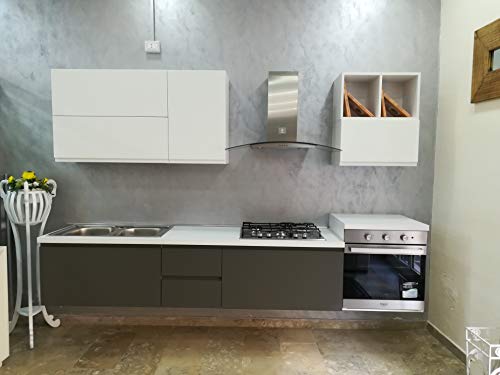 Cocina suspendida - Modelo Futura Medidas: 285 cm - Completo de electrodomésticos Hotpoint Ariston - Armario lacado blanco mate con bases lacadas topo mate. Cocina suspendida - Modelo Futura Medidas: 285 cm - Completo de electrodomésticos Hotpoint Ariston - Armario lacado blanco mate con bases lacadas topo mate.