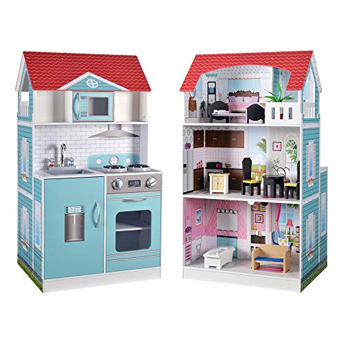 ColorBaby- Cocinita de madera y casa de muñecas 2 en 1 (85292)