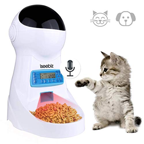 Comedero Automatico Gatos Iseebiz 3 Litro Comedero Perro Tiene 4 Comidas con Recordatorio por Voz y Temporizador Fuciona con el Enchufe o las Pilas