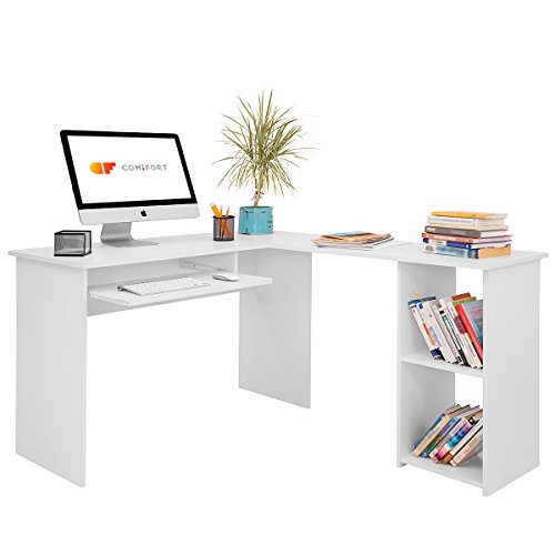 COMIFORT Escritorio Forma L - Mesa de Estudio con Estantería de Estructura Firme, Moderna y Minimalista con 2 Baldas Espaciosas y de Gran Capacidad, Color Blanco COMIFORT Escritorio Forma L - Mesa de Estudio con Estantería de Estructura Firme, Moderna y Minimalista con 2 Baldas Espaciosas y de Gran Capacidad, Color Blanco