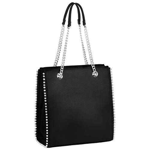 CRAZYCHC - Bolso de Mano Cadena Mujer - Shopper Tote Remaches Perlas - Bolsos de Hombro Cuero Piel PU Mediano - Bolso Compras Rectangular Shopping Bag - Elegante Moda Tendencia Designer - Negro