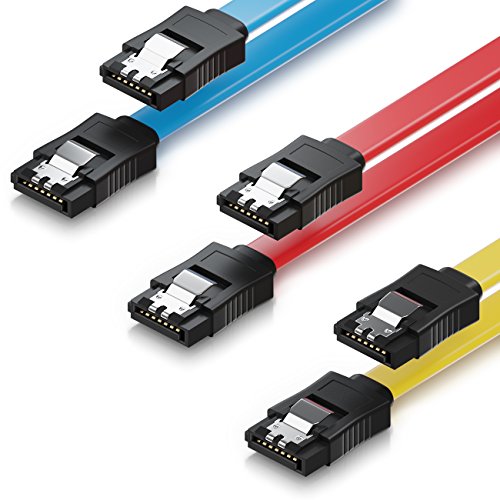 deleyCON 3X 50cm Cable SATA III en un Conjunto Cable de Datos S-ATA 3 HDD SSD Cable de Conexión Pinza de Metal 6 GBit/s - 2 Conectores Rectos Tipo L - Amarillo Rojo Azul