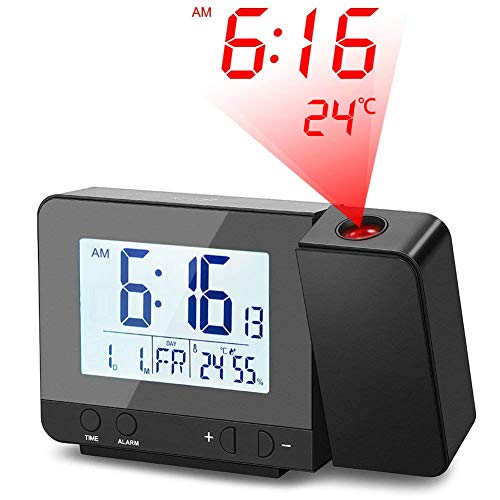 Deofde Despertador Proyector, Reloj Despertador Digital con Pantalla LCD Grande, Reloj Proyección Digital con Alarmas Dobles, Reloj Mesita de Noche, Reloj Proyector Techo, Termómetro Interior