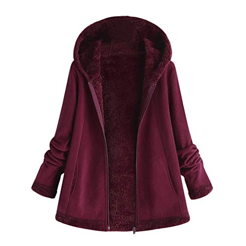 DOGZI Abrigo Mujer Invierno Tallas Grandes Bolsillo Cremallera Mantener Caliente Lana Caliente Abrigo De Algodón Cardigan Felpa Abrigo Piel sintética Abrigo con Capucha M~5XL (M, Vino Rojo)