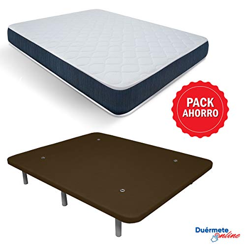 Duérmete Online Pack Ahorro Colchón Viscoelástico Viscografeno Reversible + Base Tapizada 3D Reforzada 5 Barras de Refuerzo y Válvulas de Ventilación con 6 Patas, Chocolate, 90x190