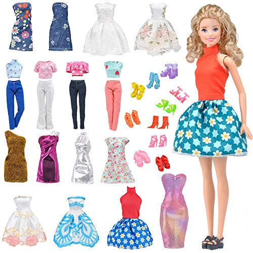 E-TING Lote 15 artículos = 5 Conjuntos Aleatorio Faldas Vestir Vestidos Ropa + 10 Pares de Zapatos para Muñecas Barbie Doll