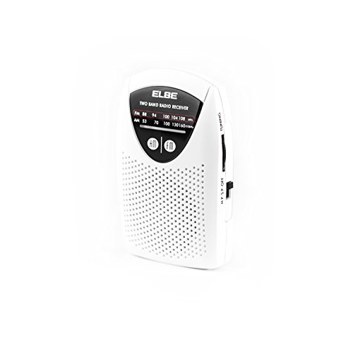 Elbe RF-50 Miniradio de bolsillom sintonizador analógico am/fm, auriculares incluidos, supel slim, altavoz incorporado, funciona con pilas, color blanco