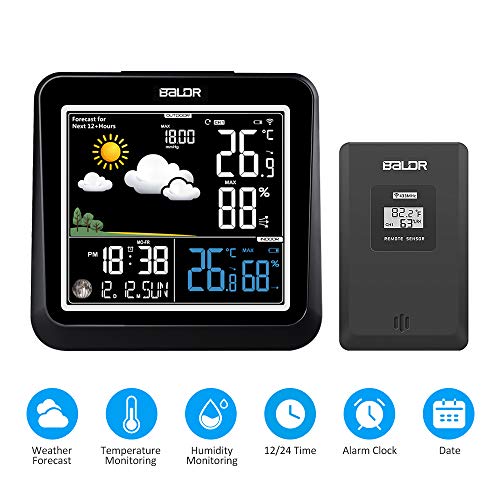 Estación meteorológica inalámbrica, estación de pronóstico digital de termómetro interior y exterior con alarma, monitor de temperatura y humedad en el hogar, higrómetro y sensor remoto (Negro)