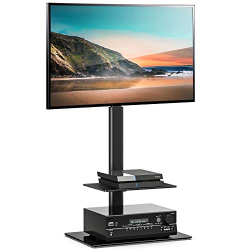 FITUEYES Soporte TV de 32 a 60 Pulgadas con 2 Estantes de Vidrio Soporte de Suelo para Televisión Plana Curva Giratorio 70 Grados Altura Ajustable MAX VESA 600 x 400 mm Gestión de Cables