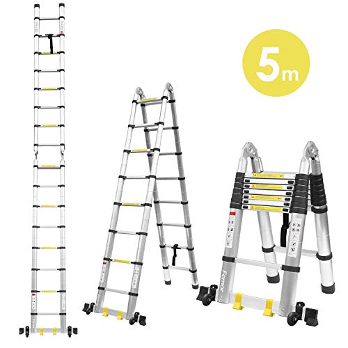 Fixkit 5M(2,5M+2,5m) Escalera Plegable Aluminio, Escalera Telescópica, Escalera Alta Multifuncional Portátil para Loft,16 Escalones Antideslizantes y Ruedas en Parte Inferior, 150kg