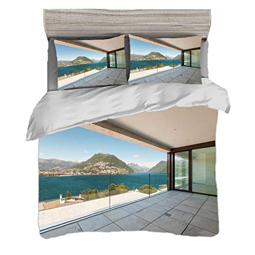 Funda nórdica Tamaño doble (150 x 200 cm) con 2 fundas de almohada Decoración moderna Juegos de cama de microfibra Ático con terraza panorámica en el lago Diseño contemporáneo Vista panorámica,multico