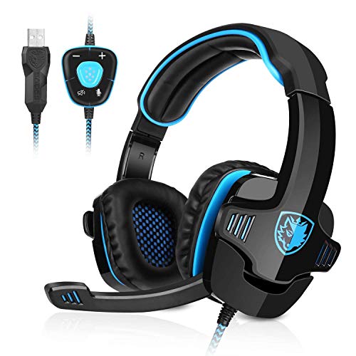 GHB Sades Auriculares Gaming Cascos con Microfono SA-901 Sonido Envolvente 7.1 con USB para PC Ordenador Portátil Azul y Negro