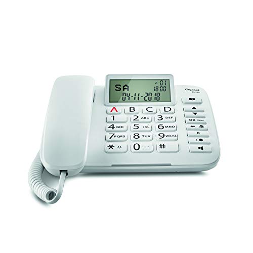 Gigaset DL380. Teléfono fijo con cable, Pantalla de alta visibilidad, Teclas grandes, Agenda para 99 contactos, Color Blanco