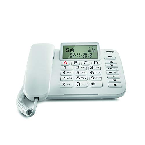 Gigaset DL380. Teléfono fijo con cable, Pantalla de alta visibilidad, Teclas grandes, Agenda para 99 contactos, Color Blanco Gigaset DL380. Teléfono fijo con cable, Pantalla de alta visibilidad, Teclas grandes, Agenda para 99 contactos, Color Blanco