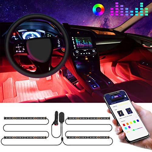 Govee Tira LED para Coche Dos Líneas de Diseño a Prueba de Agua 4pcs 48 LED APP, Tira LED Multi DIY Color Música Bajo el Tablero de Instrumentos Iluminación de Coches con Cargador de Coche, 12V