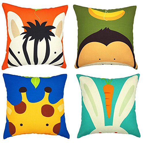 Gspirit 4 Pack Niños Linda Caricatura Animal Algodón Lino Throw Pillow Case Funda de Almohada para Cojín 45x45 cm