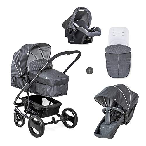 Hauck Pacific 4 Shop N Drive - Carro de Bebe de 6 Piezas, hasta 25 kg, Grupo 0+, Capazo Transformable, Silla Reversible, Colchón, Cubrecapazo, Cubrepies, Saquito, Ligero, Melange Charcoal (Gris)