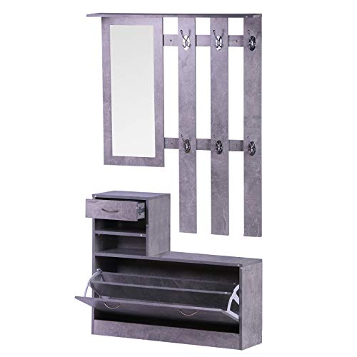 HOMCOM Conjunto de Muebles de Entrada Recibidor Pasillo Set de 3 Piezas Perchero Espejo Zapatero con Cajón 90x22x116cm Madera Gris