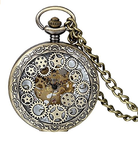JewelryWe Reloj de Bolsillo mecánico Cuerda Manual, clásico Retro Reloj Bronce, Pantalla Dual Hueco, Reloj de Bolsillo Antiguo