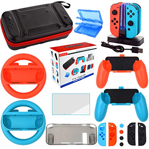 Kit Accesorios para Nintendo Switch - Funda Protector de Pantalla para Switch Consola - Estuche De Juegos - Funda de Silicona Grips Wheel Caps Cargador para Nintendo Switch Joy-Con Mandos (17 in 1)