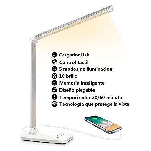 Lámpara Escritorio LED, Flexo de Escritorio (Cuidado Ocular, Puerto USB, 5 Modos,10 Niveles de Brillo,Temporizador de 30/60min, Función de Memoria) Lámpara Escritorio LED, Flexo de Escritorio (Cuidado Ocular, Puerto USB, 5 Modos,10 Niveles de Brillo,Temporizador de 30/60min, Función de Memoria)