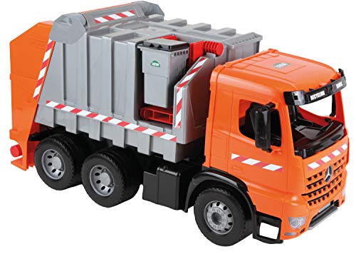 Lena 02168 - Starke Riesen - Mercedes Arocs - Camión de la basura, 3 ejes, naranja y plateado, con pegatinas, aprox. 74 cm